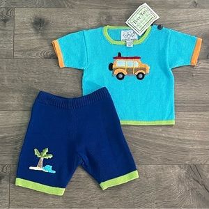 NWT Zackali 4 Kids Tropical Surfer 18m Baby Boy Knit Shirt and Shorts Outfit